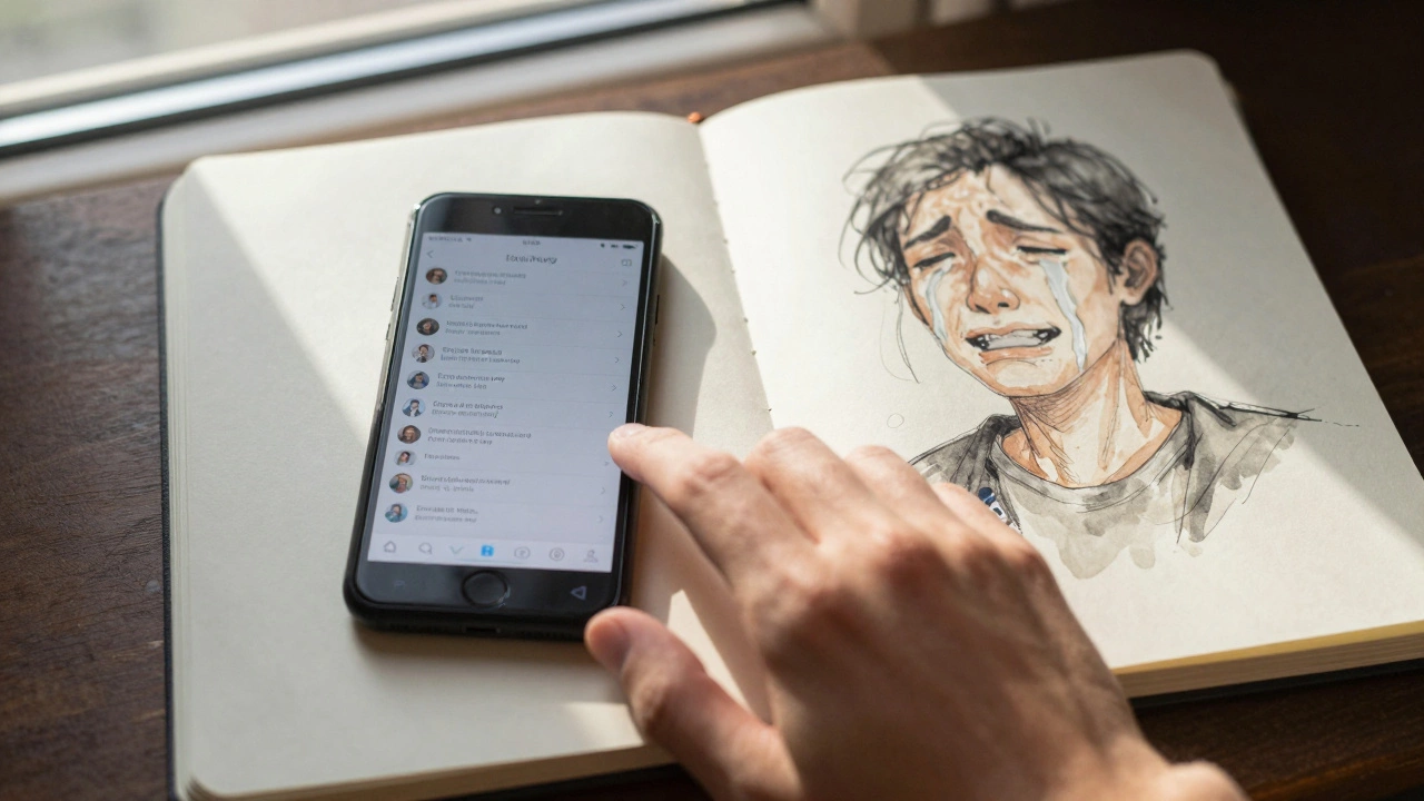 A hand turning off a phone, next to an open sketchbook with a raw, unfiltered drawing of emotion.