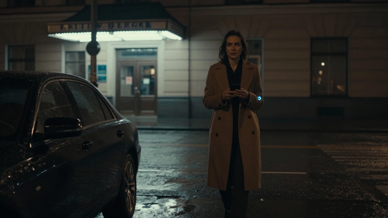 A woman walking alone at night in Moscow, confident and composed, discreet agency sign faintly visible in the background.