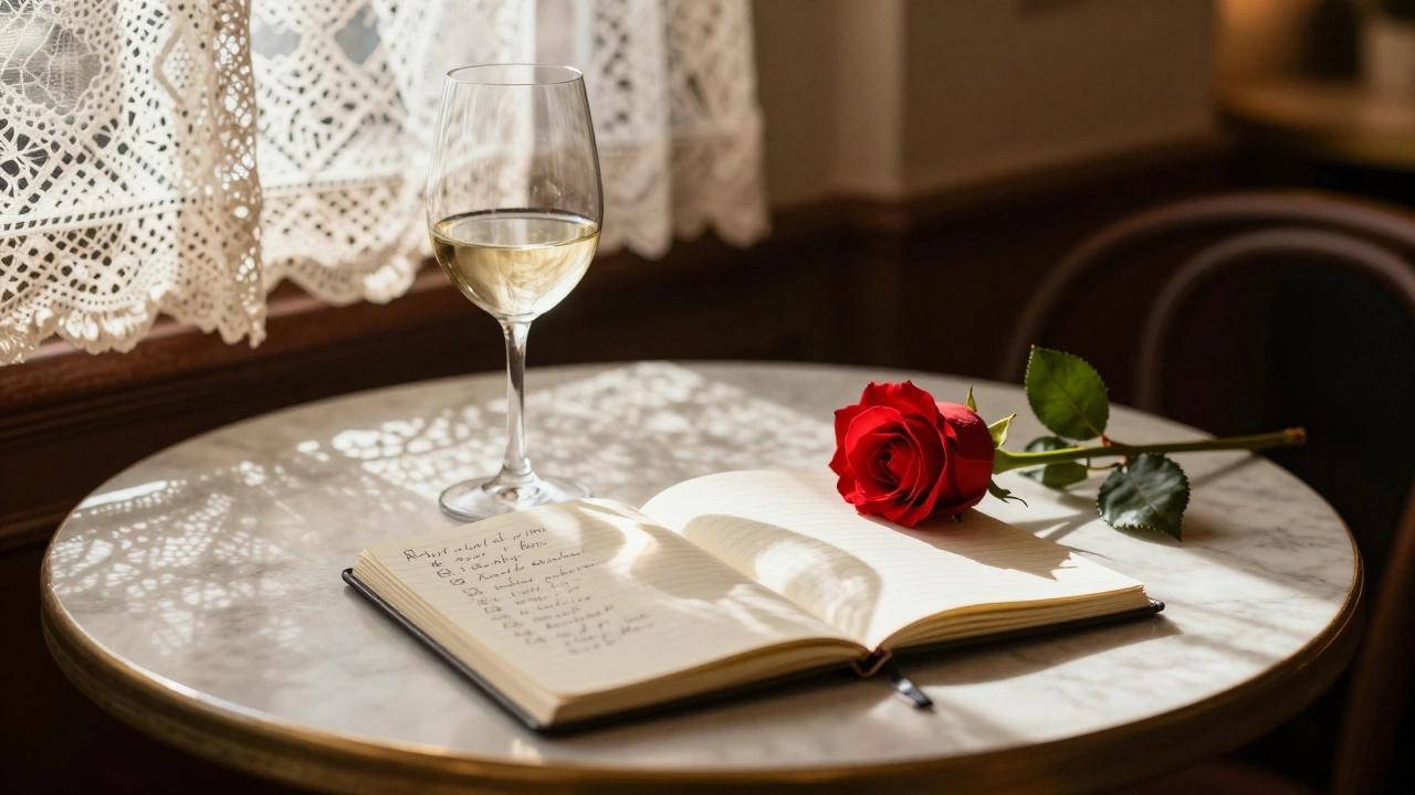 An empty café table in Aix with a glass of wine, open notebook, and a single rose.