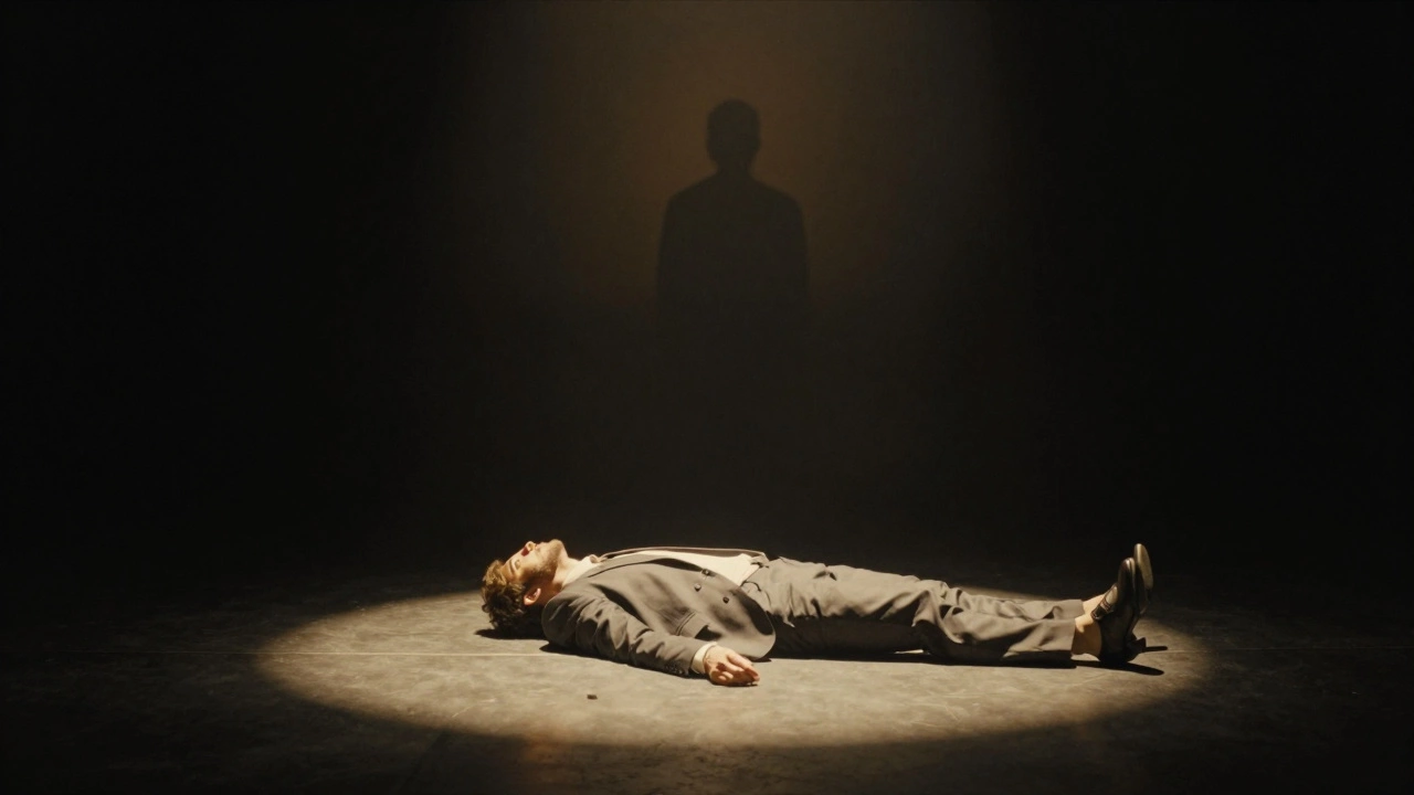 An empty stage with a suit and heels left behind, lit by a single spotlight in a dark room.
