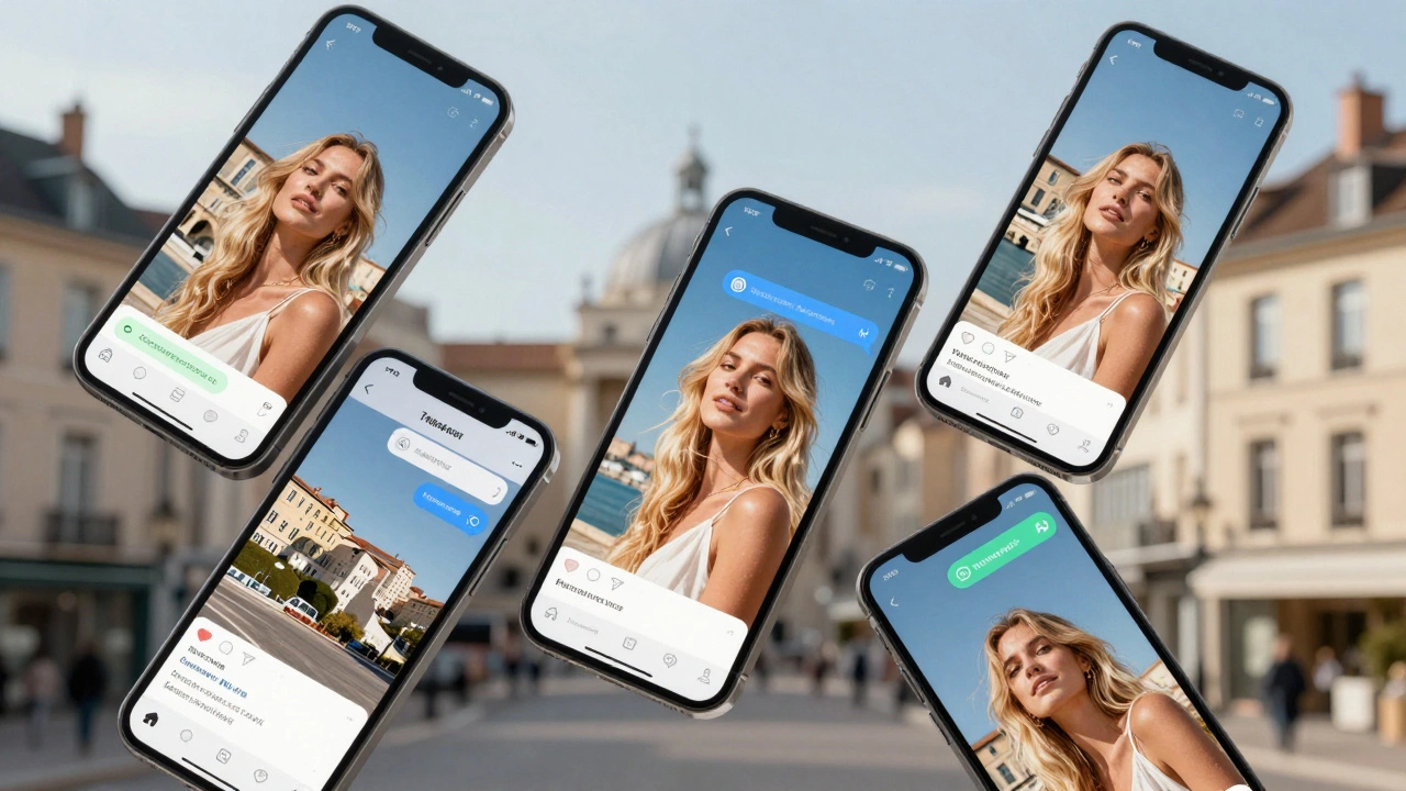 Multiple smartphone screens showing reused stock photos of a woman across different French cities.